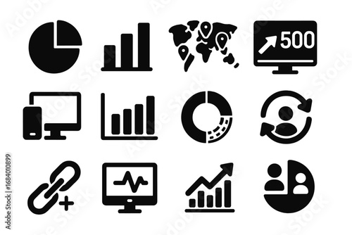 Traffic Analytics Icons. Solid style icons of traffic analytics: traffic source pie chart, direct vs referral bar, geo-location