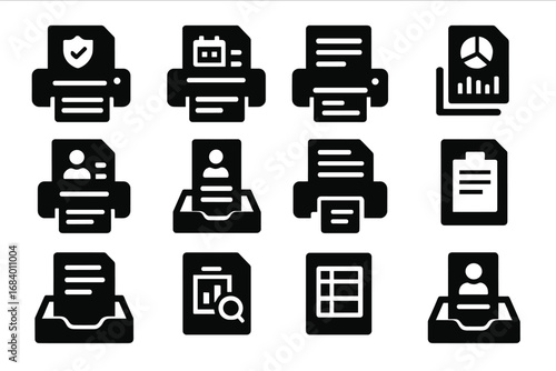 Office Printing Icons. Solid style icons of office printing tasks: print contract icon, print agenda file, print meeting notes,