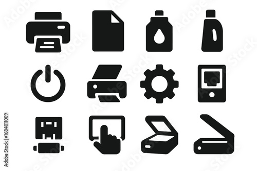 Printer Controls Icons. Solid style icons of printer controls and hardware: print button, paper tray, ink cartridge, toner bottle