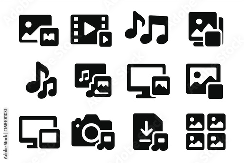 Media Copy Icons. Solid style icons of media copying: photo copy icon, video clip duplication, audio file clone, image gallery