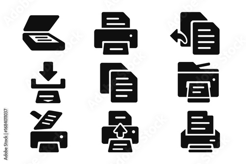 Print and Scan Icons. Solid style icons of print and scan copy processes: scan and copy icon, print and duplicate tray, paper