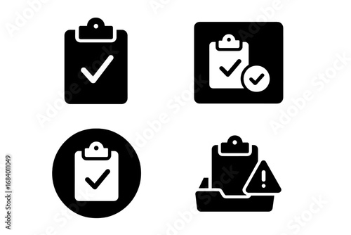 Paste Confirmation Icons. Solid style icons of paste confirmation and status: paste success checkmark, confirmation popup icon,