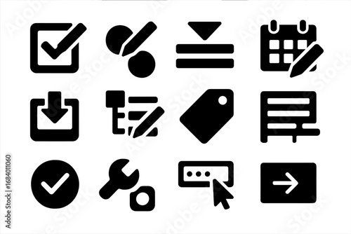 Form Editing Icons. Solid style icons of form editing: checkbox edit icon, radio button adjust, input field tray, date picker edit