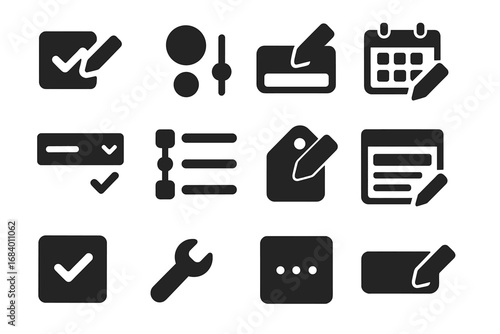 Form Editing Icons. Solid style icons of form editing: checkbox edit icon, radio button adjust, input field tray, date picker edit