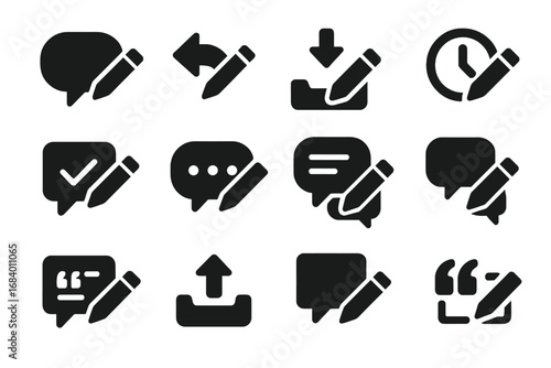 Edit Icons Collection. Solid style icons of post and comment editing: comment bubble with pencil, reply edit icon, post update