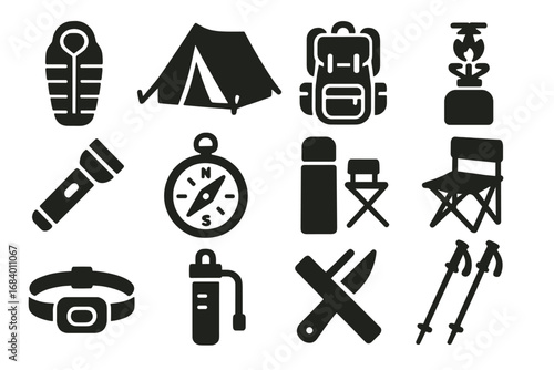 Camping Gear Icons. Solid style icons of camping gear: sleeping bag, tent, backpack, camp stove, flashlight, compass, thermos,