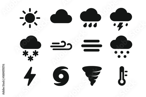 Solid Weather Icons. Solid style icons of weather conditions: sunny, cloudy, rainy, stormy, snowy, windy, foggy, hailstorm,