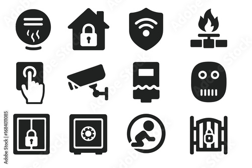 Home Safety Icons. Solid style icons of home safety: smoke detector, home lock icon, smart alarm, gas shutoff, emergency button,
