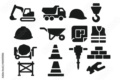 Construction Icons Set. Solid style icons of construction site: excavator, dump truck, crane hook, hard hat, wheelbarrow,
