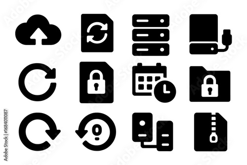 File Backup Icons. Solid style icons of file backup: cloud with arrow, file sync, server stack, external storage, restore icon,