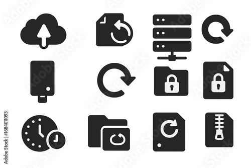 File Backup Icons. Solid style icons of file backup: cloud with arrow, file sync, server stack, external storage, restore icon,