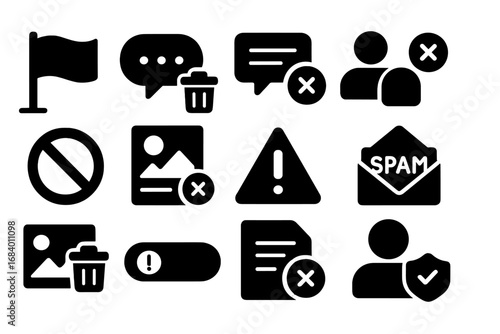 Content Moderation Icons. Solid style icons of content moderation: flag post, delete comment, remove reply, ban content,