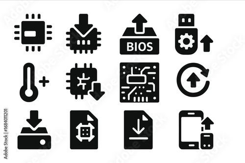 Firmware Installation Icons. Solid style icons of firmware installation: chip with loading bar, embedded install icon, BIOS update