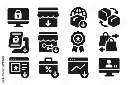 E-commerce Icon Set. Solid style icons of e-commerce plugin installs: payment gateway setup, shop module install, shipping app