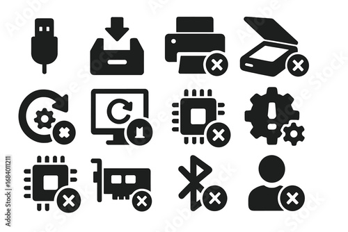 Device Driver Icons. Solid style icons of device driver removal: USB unplug icon, driver uninstall tray, printer driver removal,
