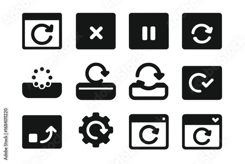 Application Restart Icons. Solid style icons of application restart: software with restart arrows, app crash icon, force quit and
