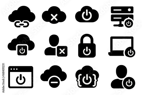 Cloud Service Icons. Solid style icons of cloud service shutdown: cloud disconnect icon, terminate cloud session, SaaS logout