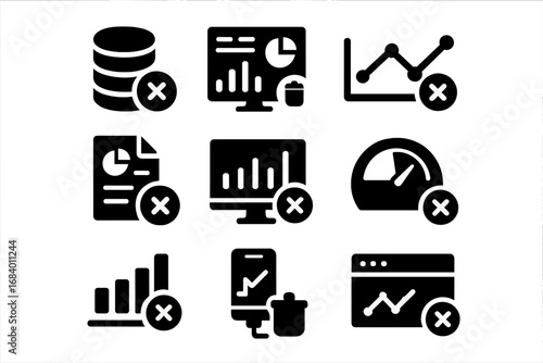 Analytics Tool Uninstall Icons. Solid style icons of analytics and dashboard tool removal: uninstall metrics pack, dashboard