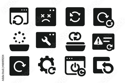 Application Restart Icons. Solid style icons of application restart: software with restart arrows, app crash icon, force quit and