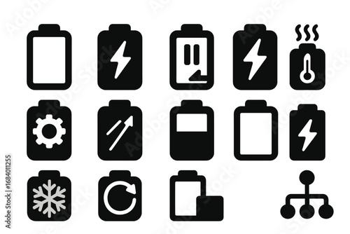 Battery Charge Icons. Solid style icons of battery charge states: idle battery icon, active charging icon, paused charge symbol,