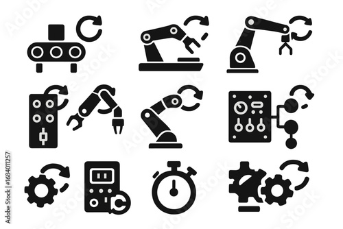 Automation Equipment Icons. Solid style icons of automation equipment restart: conveyor system reboot, machine reset tray,