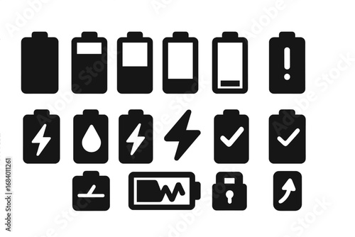 Battery Icon Collection. Solid style icons of battery charging levels: 100% charged icon, 75% battery icon, 50% battery icon, 25%