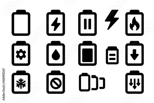 Battery Charge Icons. Solid style icons of battery charge states: idle battery icon, active charging icon, paused charge symbol,