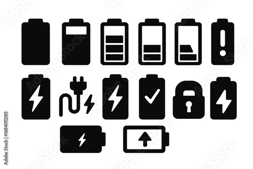 Battery Icon Collection. Solid style icons of battery charging levels: 100% charged icon, 75% battery icon, 50% battery icon, 25%