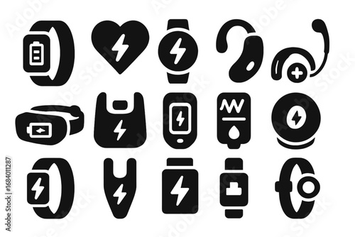 Wearable Power Icons. Solid style icons of wearable power: smartband battery icon, health tracker power, fitness watch with bolt,
