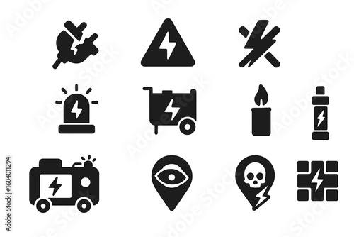 Power Outage Icons. Solid style icons of power outage: broken plug icon, blackout warning, lightning cross symbol, emergency power