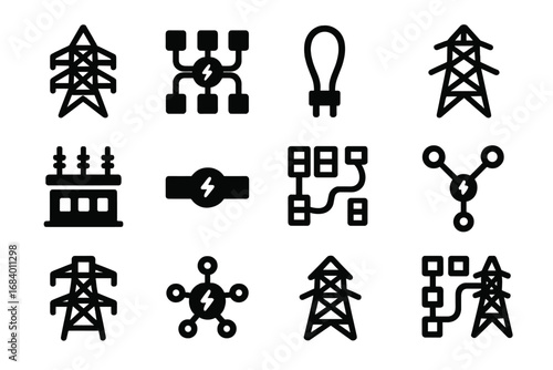 Power Transmission Icons. Solid style icons of power transmission: high-voltage pole icon, power grid symbol, electric cable loop,
