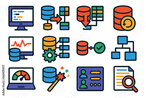Database Tools Icons. Flat vector icons of Database Management Tools: query editor, schema viewer, data import tool, backup