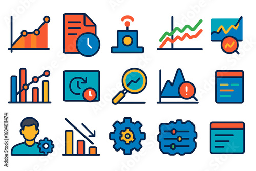 Time Database Icons. Flat vector icons of Time Series Databases: time-based chart, timestamp data, sensor feed, real-time graph,