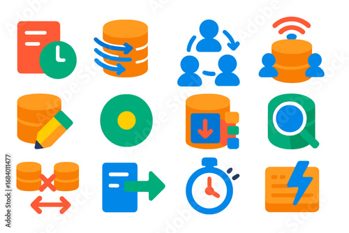 Real-Time Database Icons. Flat vector icons of Real-Time Databases: live update icon, data stream, real-time user sync, concurrent