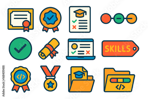 Programming Certification Icons. Flat vector icons of Programming Certifications: certificate icon, exam badge, test paper, course