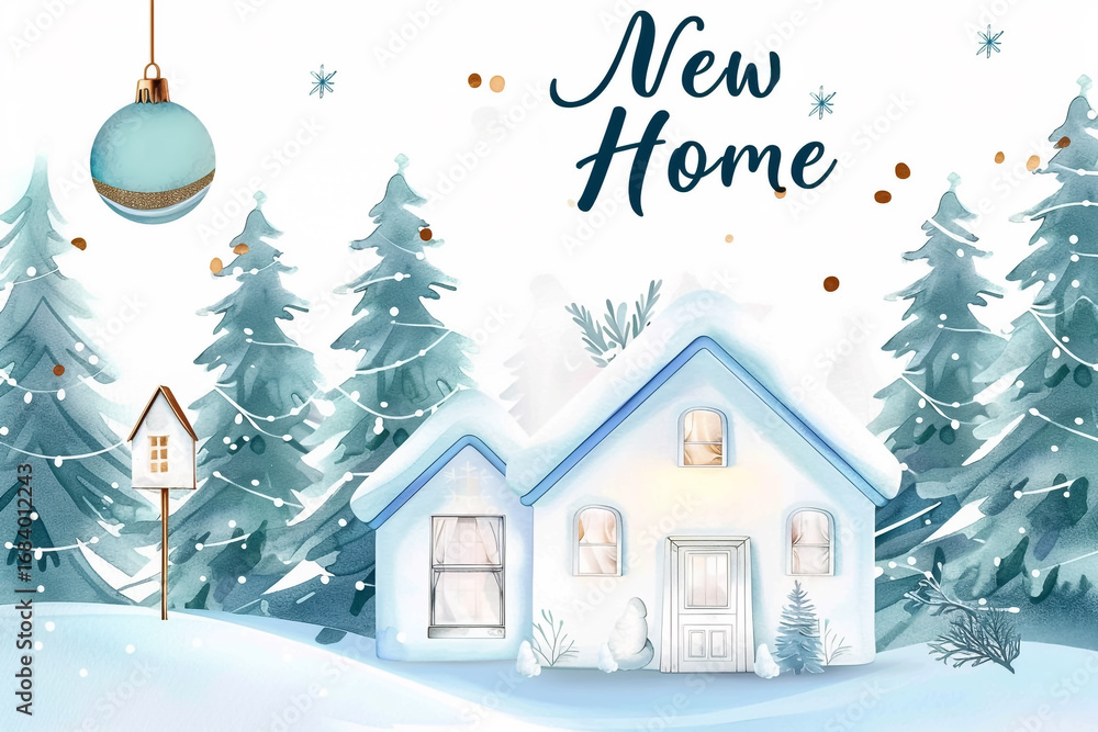 Fototapeta premium New House and Christmas festive Greeting Card Illustration 