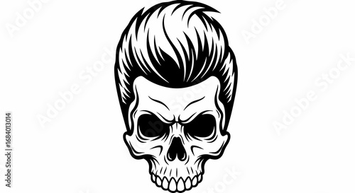 Vector Bold Geometric SVG Illustration of Skull with Spiked Hair in Black and White Minimalist Style for Tattoo Design and Edgy Graphics