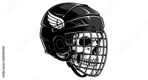 Vector SVG Illustration of a Skull Worn with Hockey Mask in Minimalist Black and White Style for Sports or Horror Themes