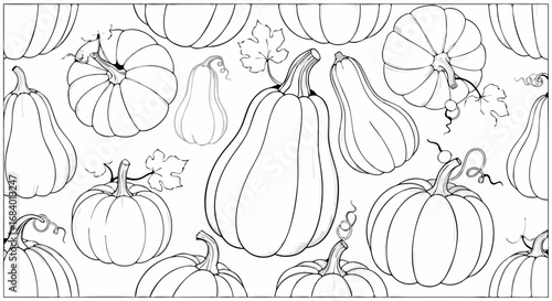 Minimalist Vector SVG Illustration of Pumpkins and Leaves in Flat Design Style with Monochrome Outline in Black and White