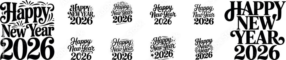 Fototapeta premium New Year 2026 Typography Silhouette Bundle | Calligraphic, Handwritten, Stylish Vector Numbers for Celebration and Design