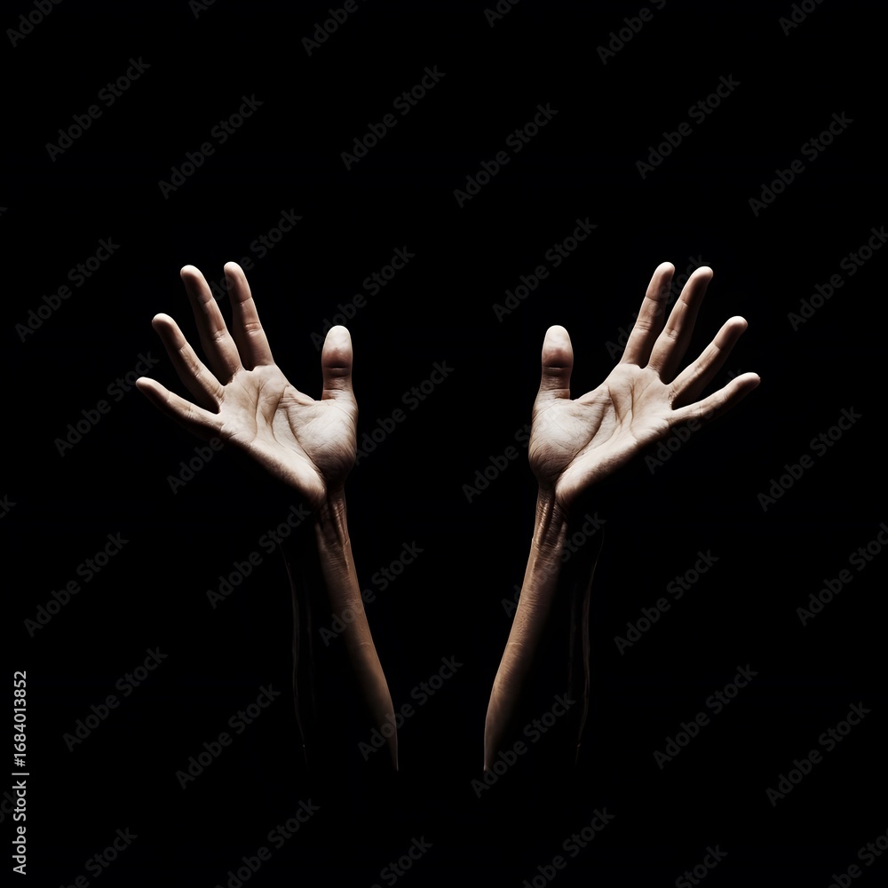 Fototapeta premium Dramatic Open Hands Reaching Upward Dark Background