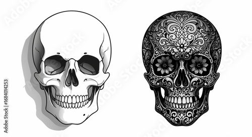 Minimalist Vector SVG Illustration of Two Skulls with Floral and Shaded Style in Monochrome Colors