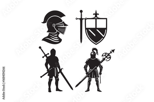 Medieval knightly symbols and silhouettes of warriors