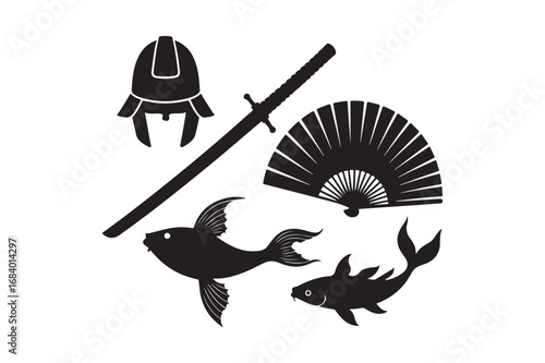 Japanese warrior and koi fish symbols in black and white
