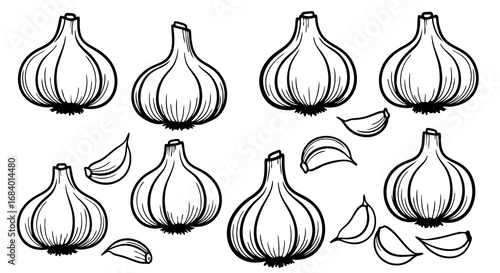 Minimalist Vector SVG Illustration of Garlic Bulbs with Leaf Elements in Flat Design Style with Monochrome Black and White Colors