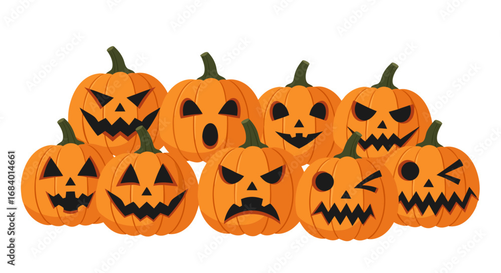 Fototapeta premium Vector Halloween Pumpkin SVG Illustration with Carved Faces in Flat Geometric Style for Digital and Print Use