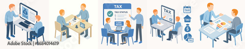 Isometric Consulting Illustration of Tax Preparation Services with Financial Analysis