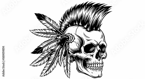 Vector SVG Illustration of Skull with Feathered Headdress in Modern Gothic Style for Digital Art and Tattoo Design