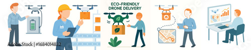 Clean Style Eco Friendly Drone Delivery Illustration Scene with People