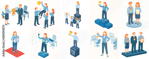 Isometric Illustration of Business Achievement, Awarding Ceremony, and Team Celebration Concept